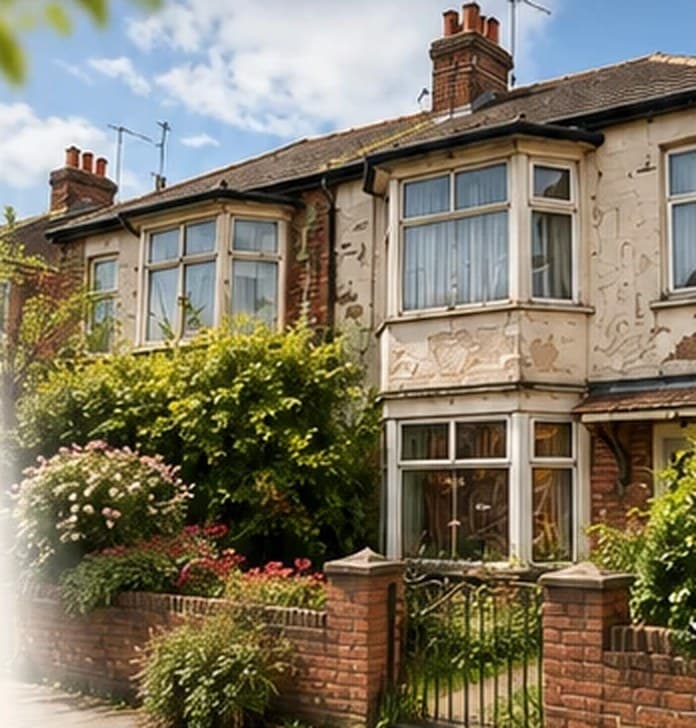 A tired-looking Edwardian semi-detached house with peeling paint and an overgrown front garden