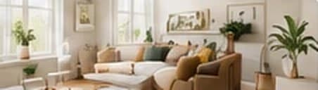 A lived-in living room with sofas, plants and family photos